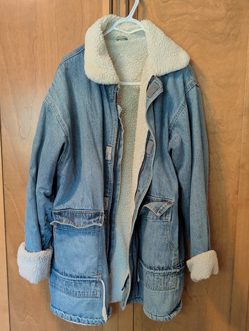 Vintage Sherpa-Lined Denim Coat - Light Blue